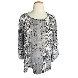 Maggie Barnes Plus 2X Black White Artsy Rose Print Blouse Flowy Sheer Top
